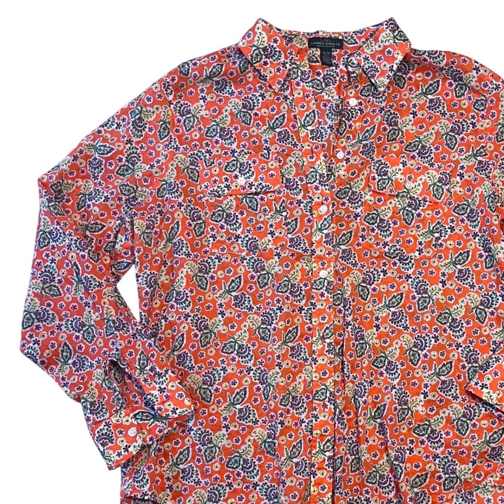 Lauren Jeans Co Ralph Lauren Orange Floral Paisley Cotton Button Down Shirt XL
